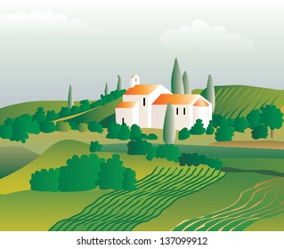 vector abstract landscape with church in vineyard