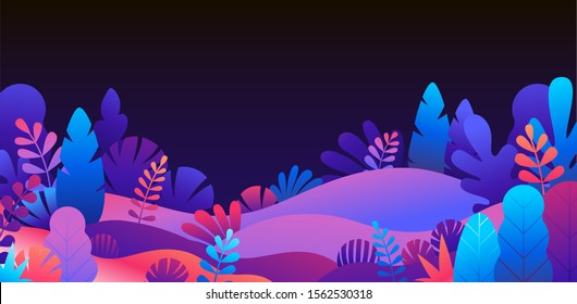 Vector abstract landscape with copy space for text - vibrant gradient horizontal banner with leaves and plants