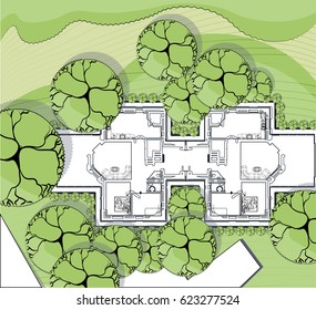 Vector abstract landscape design with drawing of the future building