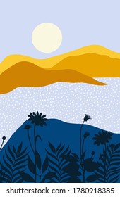 Vector Abstract landscape illustration, Minimalist style, Abstract image of a sunset or dawn sun over the mountains, lake with plants.