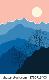 Vector Abstract landscape  illustration, Minimalist style, Abstract image of a sunset or dawn sun over the mountains, forest, trees 