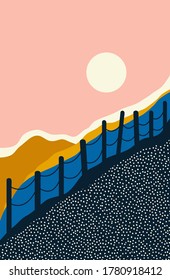 Vector Abstract landscape illustration, Minimalist style, Abstract image of a sunset or dawn sun with fence.