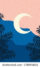 Vector Abstract landscape  illustration, Minimalist style, Abstract image moon, mountains, palm lief 