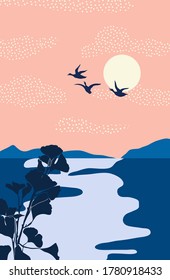Vector Abstract landscape  illustration, Minimalist style, Abstract image of a sunset or dawn sun over the mountains, river with plants.