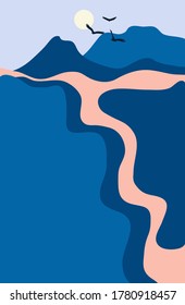 Vector Abstract landscape  illustration, Minimalist style, Abstract image of a sunset or dawn sun over the mountains, river, birds.