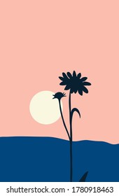 Vector Abstract landscape  illustration, Minimalist style, Abstract image of a sunset or dawn sun, hill, flower.