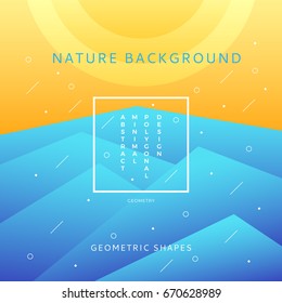 Vector abstract landscape. Minimalistic composition - mountains, sky and sun in flat low poly style, in bright gradient blue, yellow colors with text and logo for splash screen or banner background. 