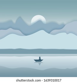 Vector abstract landscape poster in shades of blue; a scene with distant mountains, full moon, lake and boat.