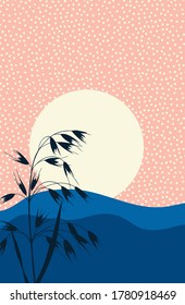 Vector Abstract landscape set,  banner set with polygonal landscape illustration, Minimalist style, Abstract image of a sunset or dawn sun over the hills with plants.