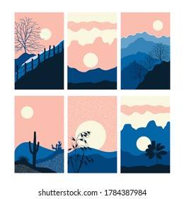 Vector Abstract landscape set,  banner set with polygonal landscape illustration, Minimalist style, Abstract image of a sunset or dawn sun over the mountains, river, forest, desert, plant, trees.