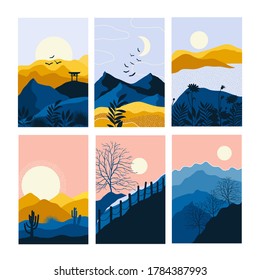 Vector Abstract landscape set,  banner set with polygonal landscape illustration, Minimalist style, Abstract image of a sunset or dawn sun over the mountains,  plant, trees, birds, dessert.