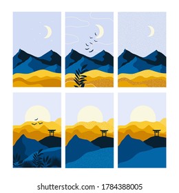 Vector Abstract landscape set,  banner set with polygonal landscape illustration, Minimalist style, Abstract image of a sunset or dawn sun over the mountains, with gate, birds,  plants.