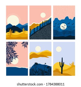 Vector Abstract landscape set,  banner set withlandscape illustration, Minimalist style, Abstract image of a sunset or dawn sun over the mountains, desert, plants, birds, lake, forest, beach