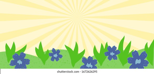 Vector abstract landscape, sunshine, plants, grass. Flat style hand drawn illustration with copy space for text. Simple cartoon design banner.