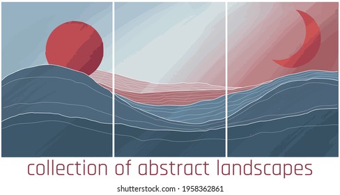 vector abstract landscapes in minimalist style. orange and blue palette, main colour is blue