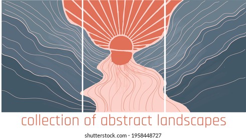 vector abstract landscapes in minimalist style. orange and blue palette