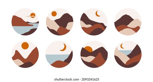 Conjunto de paisajes abstractos vectoriales. Las formas de la naturaleza moderna para los medios sociales destacan las cubiertas con las montañas de la luna de sol del desierto. 