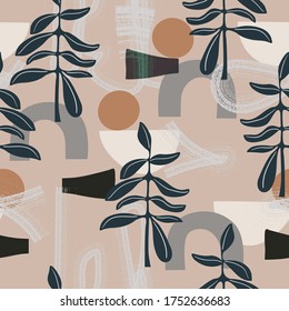 Vector abstract leaf, geometric and brush stroke shape layers seamless repeat pattern. fashion and home decor print.