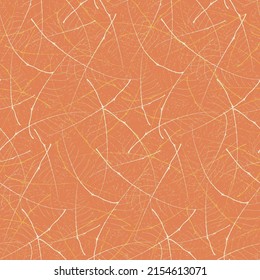 Vector abstract leaf texture seamless pattern background Delicate overlapping wispy veins and midrib lines creating a random textural criss cross grid. Orange design. Irregular netting effect