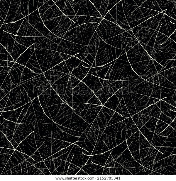 Vector abstract leaf texture seamless pattern\
background Delicate overlapping wispy veins and midrib lines\
creating a random textural criss cross grid. Black and white\
design. Irregular netting\
effect