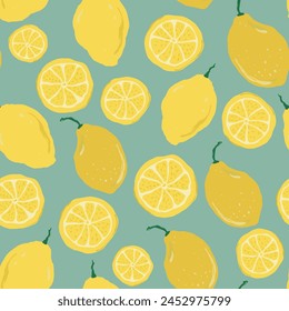 Vector de limones abstractos sin patrón. Frutas pintadas a mano aisladas sobre fondo azul. Ilustración de Festiva para diseño, impresión, tela o fondo.