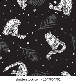 Vector Abstract Leopards with Palm Leaves and Stars seamless pattern background. Perfect for fabric, wallpaper and scrapbooking projects.