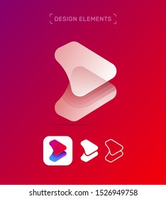 Vector abstract letter B or C, play button logo design elements, material, origami paper, flat and line art icon set
