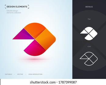 Plantilla de diseño del logotipo de la letra D abstracta del vector. Material fluido, papel de origami, plano, conjunto de iconos de estilo de línea