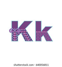 Vector abstract letter K with ornamental pattern. Cartoon signs with decorative filling