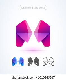 Vector abstract letter M logo design template. Material design, origami paper, flat and line art style. Icon set
