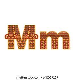 Vector abstract letter M with ornamental pattern. Cartoon signs with decorative filling