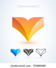 Vector abstract letter m,w,v logo design elements. Material design, flat and line art style. Origami paper heart icon