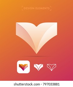 Vector abstract letter m,w,v logo design elements. Material design, flat and line art style. Origami paper heart icon