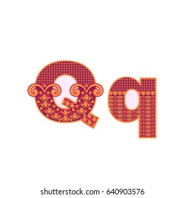 Vector abstract letter Q with ornamental pattern. Cartoon signs with decorative filling