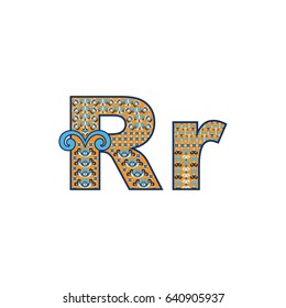 Vector abstract letter R with ornamental pattern. Cartoon signs with decorative filling