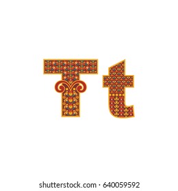 Vector abstract letter T with ornamental pattern. Cartoon signs with decorative filling