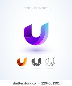 Vector abstract letter U logo design template. Modern 3d, flat and line art style. Twisted