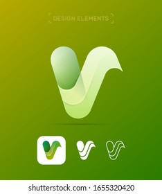 Vector abstract letter V logo. Origami, 3d fluent app icon. Eco, vegan, vegetarian 