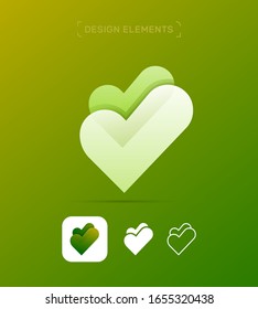 Vector abstract letter V logo. Origami, 3d fluent app icon. Eco, vegan, vegetarian. Check mark. Love heart