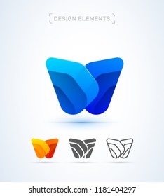 Vector abstract letter W or M logo design template. Material design, origami paper, flat and line art style collection