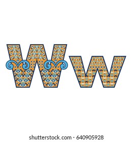 Vector abstract letter W with ornamental pattern. Cartoon signs with decorative filling