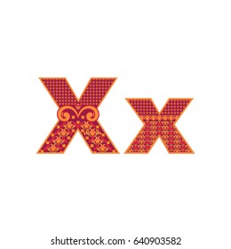 Vector abstract letter X with ornamental pattern. Cartoon signs with decorative filling