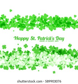 Vector abstract light background to Happy St. Patrick's Day with two lines of leaves of clover and text.
