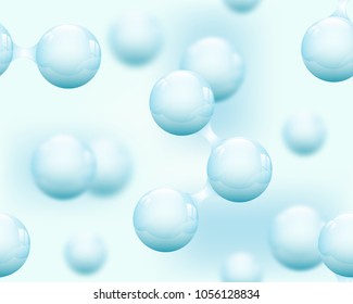 Vector abstract light blue glossy water molecule seamless background. Atoms illustration. Medical air texture science. Molecular structure 3d spherical particles. Clean H2O concept