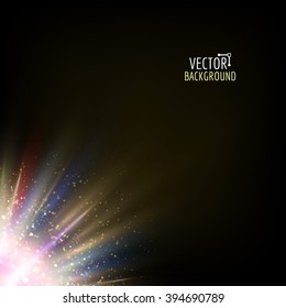 Vector abstract light. Bright glowing on dark background. Shiny sun light effect.