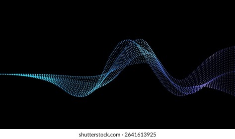 Vector abstract light dot particle wavy flowing dynamic in blue green colors isolated on black background. Suit for AI technology, digital, communication, website, flyer. Vector illustration	