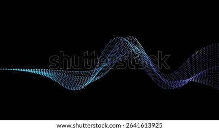 Vector abstract light dot particle wavy flowing dynamic in blue green colors isolated on black background. Suit for AI technology, digital, communication, website, flyer. Vector illustration	