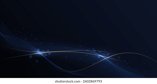 Vector abstract light gold effect, flow line, motion pattern and blue gradient color for luxury wallpaper, template banner, futuristic background. Illustration modern graphic design with space
