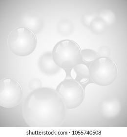 Vector abstract light grey glossy molecule design. White toms illustration. Medical background for science banner or flyer. Molecular structure with 3d spherical particles