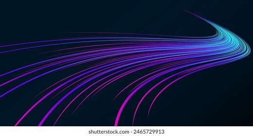 Vector abstract light lines in high speed technology concept. Image of speed on the road. Abstract background in blue and pink colors with neon glow.